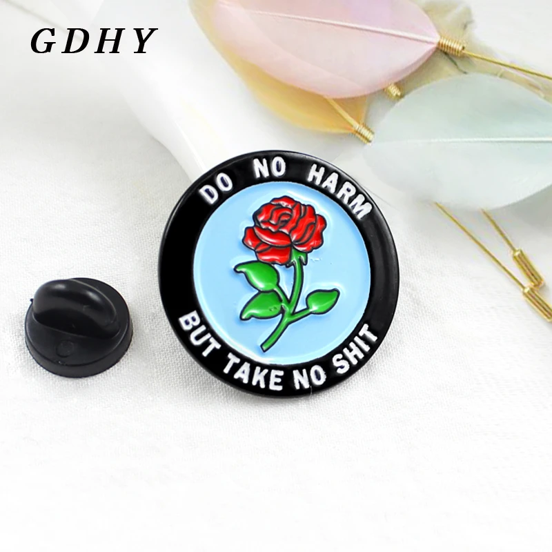 

GDHY Round Badge Red Roses Flowers Brooch"DO NO HARM BUT TAKE NO SHIT" Circular Enamel Pin Brooch For Kid and Friends Jewelry