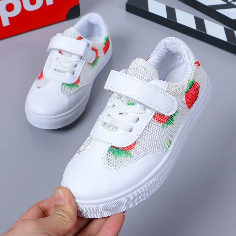 Strawberry print Kid Shoes For Student Girls White Sport Shoes Breathable Children Casual Shoes 4T 5T 6T 7T 8T 9T 10T 11T-15T