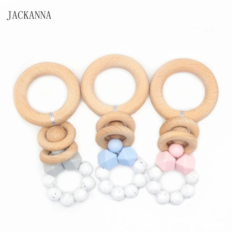 

Baby Teether Play Gym Toy Safe Silicone & Wood Babe Hanger Toys Toddler Teething Rattle Wooden Teether Pram Toy Newborn Gifts