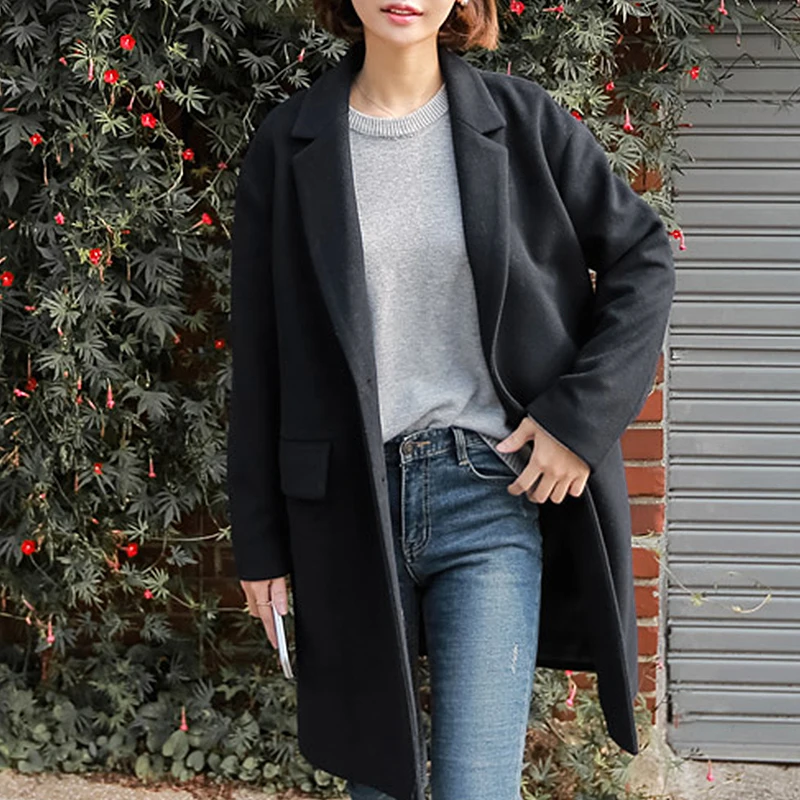 Осень зима корейское шерстяное пальто модное повседневное модное женское пальто с карманами однобортное на пуговицах - Цвет: Черный