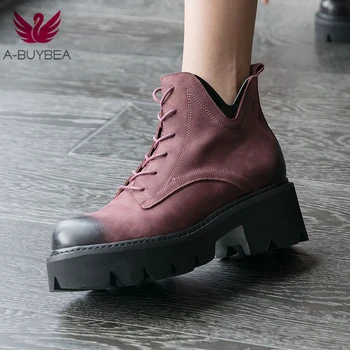 

Real Leather Women Ankle Boots Fashion Platform Women Motorcycle Boots Size 34-42 Non-slip Cross Tied Ladies High Heel Shoes