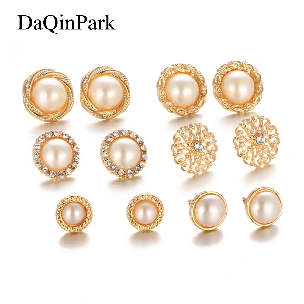 

Stud Earrings 6 Pairs/Set Vintage Golden Simulated Pearl Round Stud Earrings for Women Female Earrings Set Cute Jewelry Party