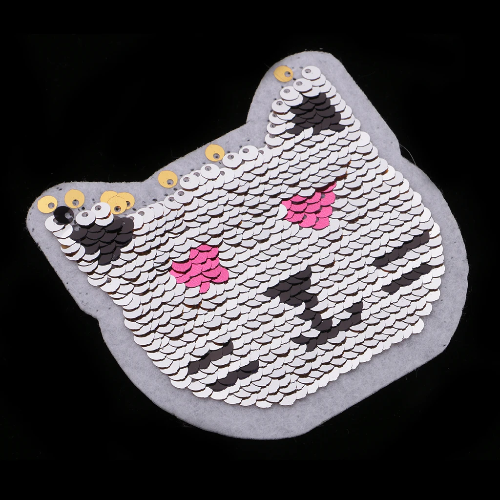 Catoon Cat Reversible Patch Embroidered Iron on Sew on Applique Glitter Sequin for Jeans T-shirts Clothing