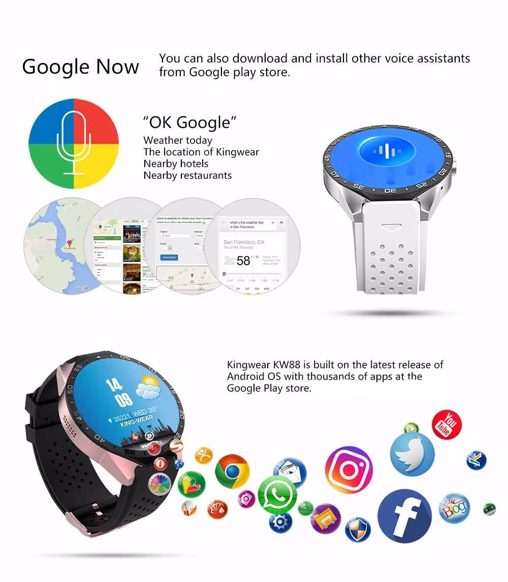 Kingwear Kw88 ОС android 5 1 Смарт часы Электроника 39 дюймов mtk6580 SmartWatch phone support 3g Wi Fi nano SIM
