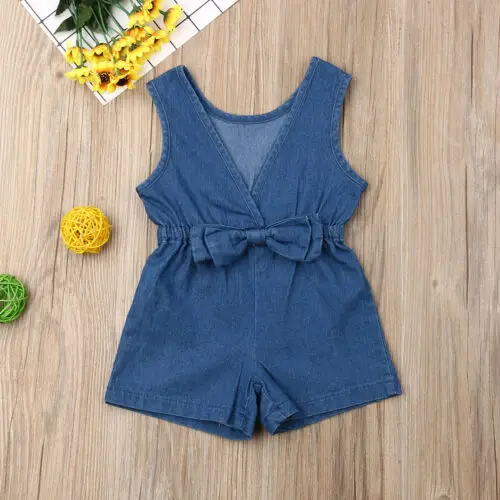 

2019 Toddler Kids Baby Girls Denim Shorts Playsuit Sleeveless V-Neck Boeknot Fashion Outfit Clothes