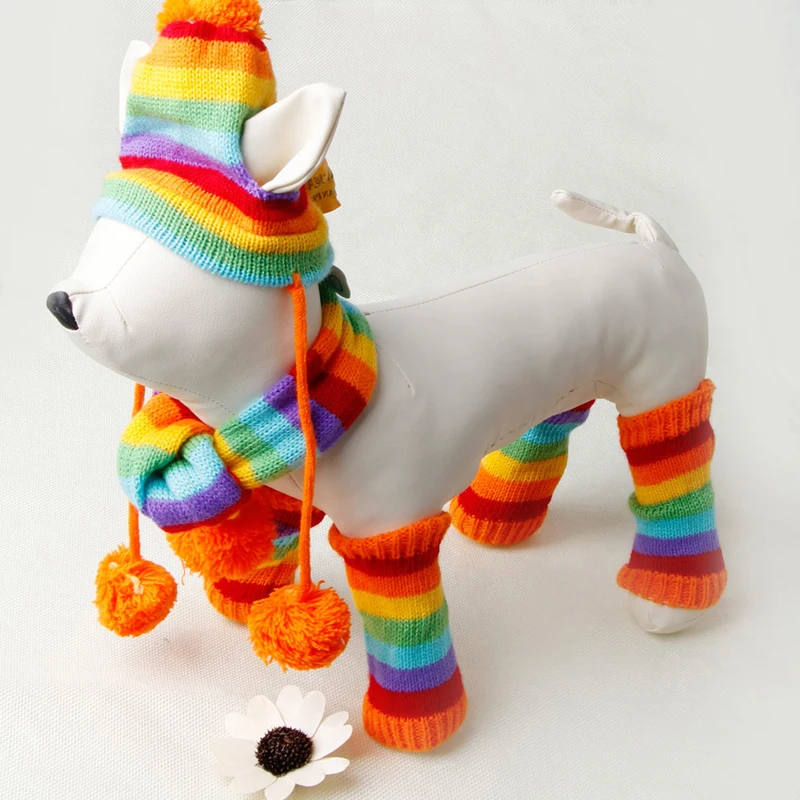 Winter Warm 3 Times Stripe Knitted Pet Dog Hat Scarf Socks Puppy