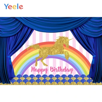 

Yeele Blue Curtain Rainbow Golden Unicorn Birthday Photography Backgrounds Customized Photographic Backdrops for Photo Studio