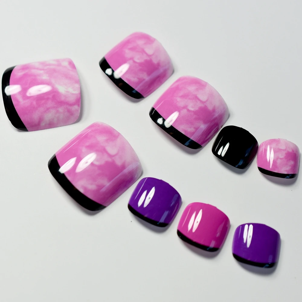 24 أسود الفرنسية الأظافر مزيج Purpl الوردي كاذبة أظافر DIY مصممة الصحافة على أظافر رائع طباعة نمط مانيكير