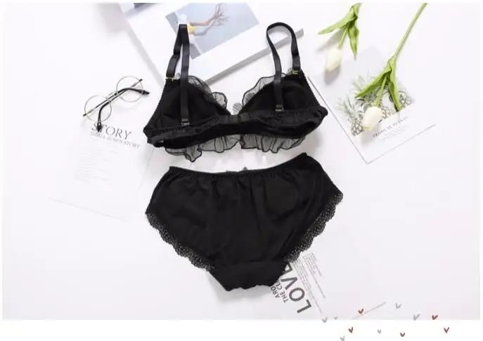 Cute Lace Trim Black & White Japanese Bra & Panties Set Wirefree Soft Underwear Sleep Intimates Set Kawaii Lolita white underwear set