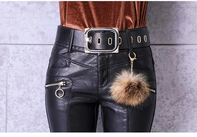 Женские осенне-зимние штаны из искусственной кожи, на молнии, с высокой талией, эластичные Стрейчевые брюки-карандаш, облегающие черные брюки в стиле панк с поясом V241