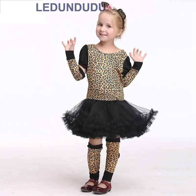 Kids Leopard Tiger Cute Girls Lace Dress Funny Catwoman Cosplay Lovely Cat Children Ballet Dresses Halloween Costumes  (4)