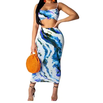 

Women Suit Tie Dye Crop Top Mini Skirt Two Piece Set Sleeveless Outfit Holiday Women Clothes 2PCS Set