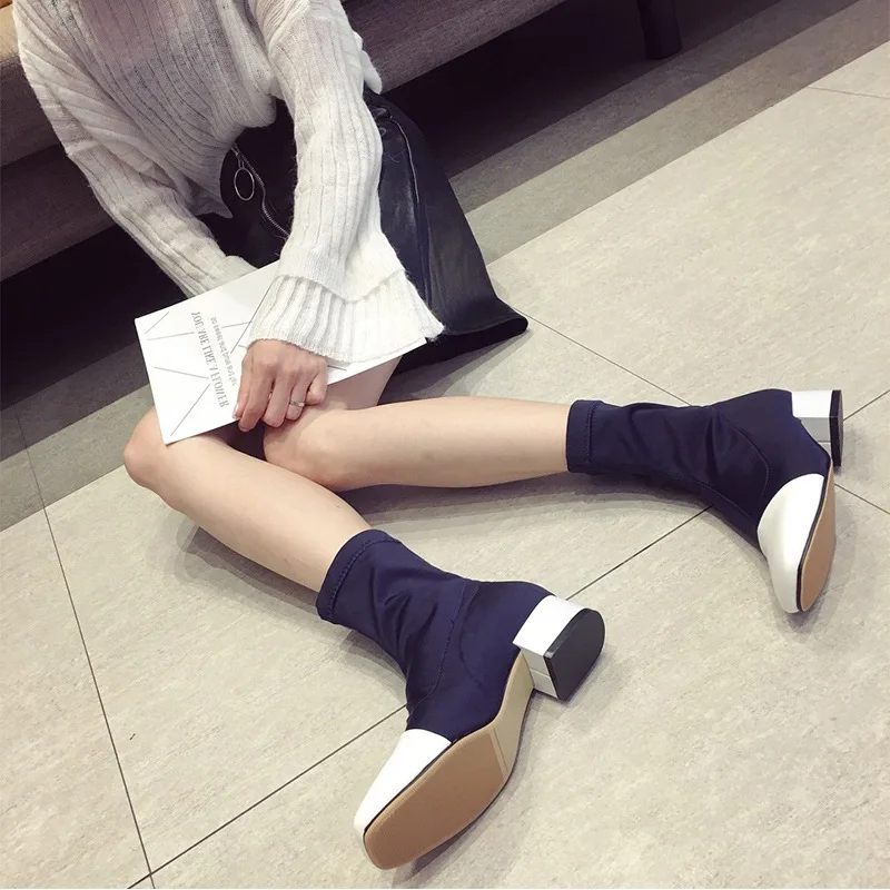 

Ankle Square Toe Fashion Concise Chelsea Boots Women Med Square Heel Slip-On PU Martin Boots Solid Autumm Winter Ladies Shoes