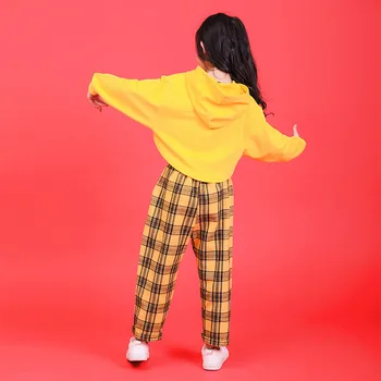 Yellow Girls Boys Hip Hop Hoodies Dance Clothes for Kids Jazz Dancing Costumes T Shirt Ballroom Crop Tops Plaid Jogger Pants 5