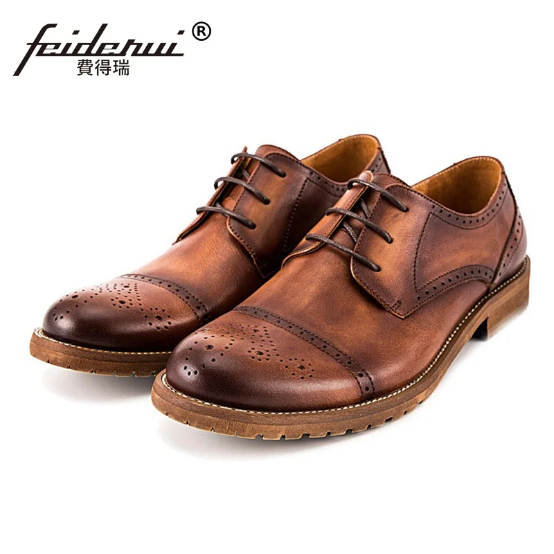 Vintage Designer Round Toe Derby Man Formal Dress Shoes Genuine Leather Carved Men's Handmade Semi Brogue Platform Footwear SS41