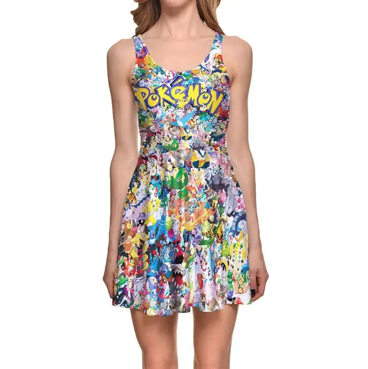 Мультяшный покемон Покемон платье Пикачу женские летние платья без рукавов с круглым вырезом плиссированные платья Vestido Плюс Размер S-XXXXL - Цвет: 3
