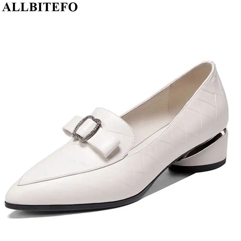 

ALLBITEFO genuine leather bow ladies women heels casual girl high thick heel shoes new brand spring autumn high heels