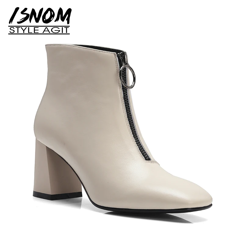 

ISNOM New Thick Heels Women Ankle Boots Zip Square Toe Footwear Cow Leather Female Boot Office Shoes Woman 2018 Winter Black