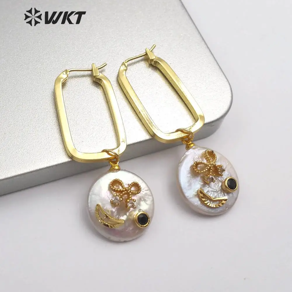 

WT-E559 New! natural pearl Earring with gold drop shape with snowflake patterns cz pave Earring women charm Earrings Jewelry
