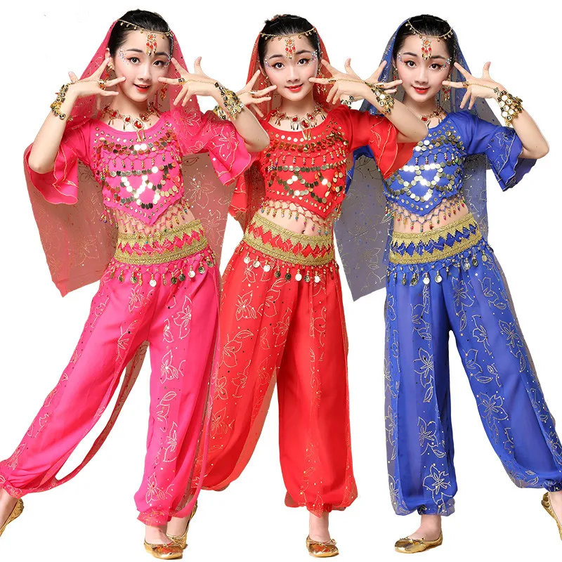 Детская индийский танцевальный костюм обувь для девочек живота комплекты для танцев Восточный танец национальный костюм выступления Болливуд одежда 3 цвета
