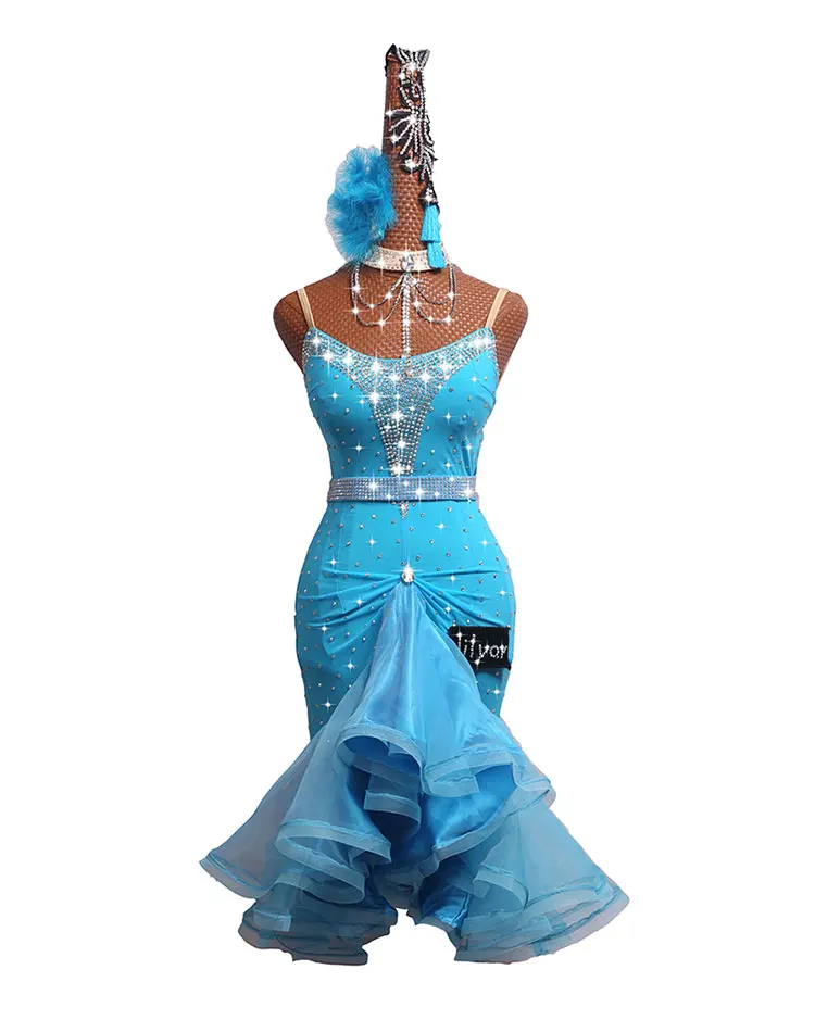 Стразы, платье для латинских танцев, женский костюм для соревнований, на заказ, Бальные танцы, платье для латинских танцев, голубое платье, гофрированная юбка на бедрах