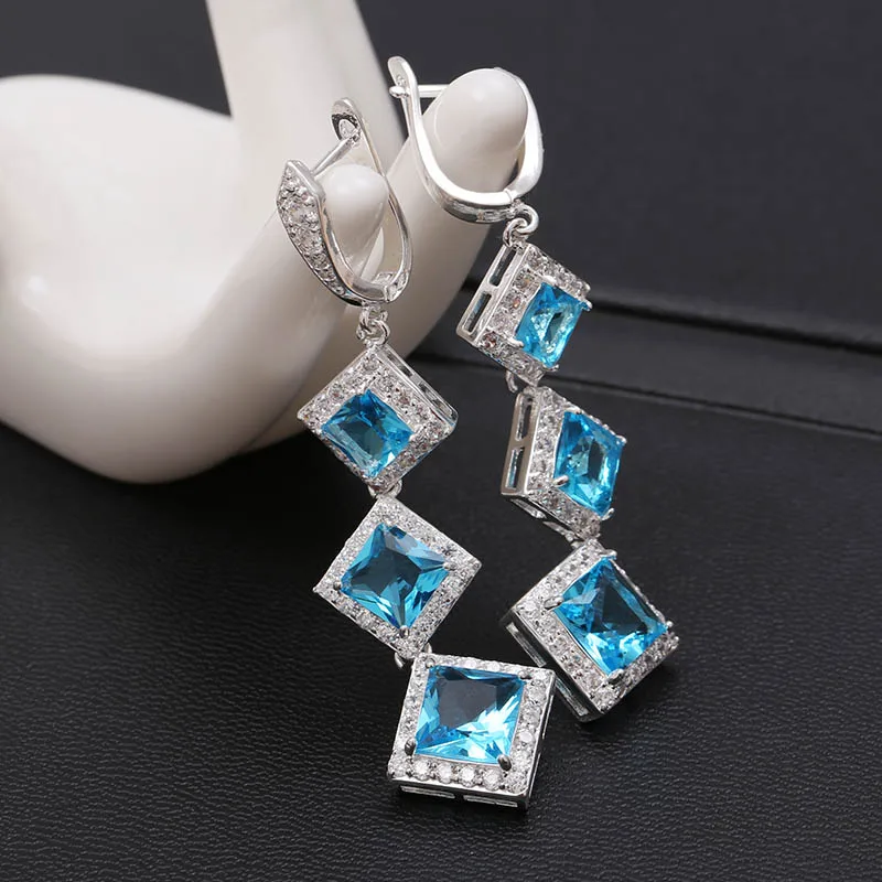 

New Fashion Long Earrings for Women Trendy White Blue Geometric CZ Stone Crystal Pierced Dangle Drop Earrings Jewelry Z3E210