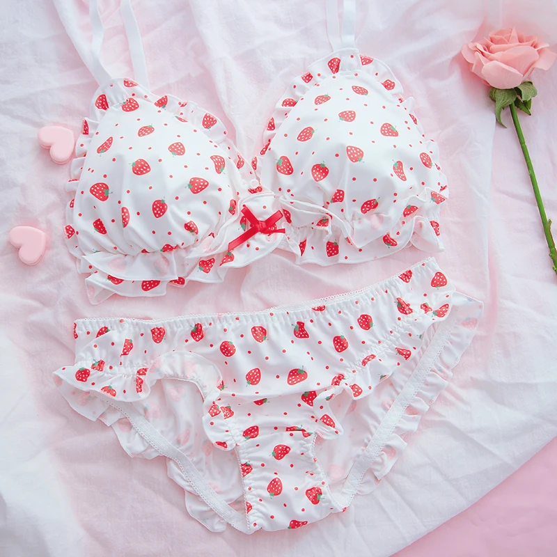 

Kawaii Sweet Lolita Women's Strawberry Pattern No rims Bra & Panties Lingerie Set Bow Ruffle Japanese Underwear Set Intimates