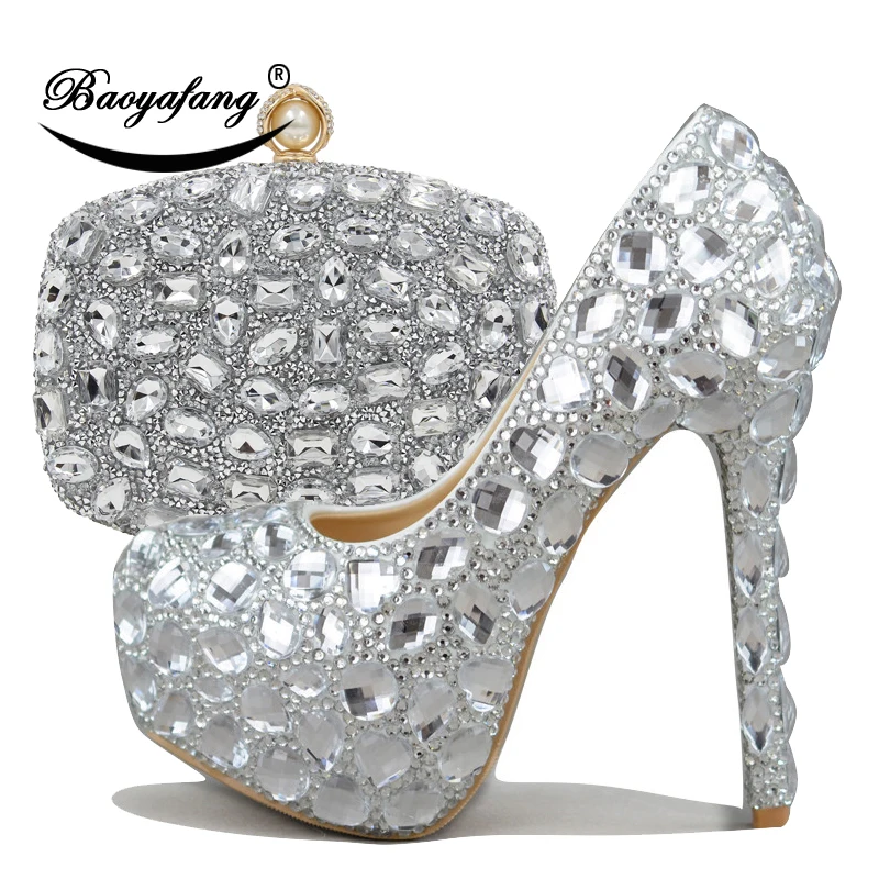 

Silver stone Womens wedding shoes with matching bags platform shoes Ladies Paty Dress high heels shoes Big size 34-43
