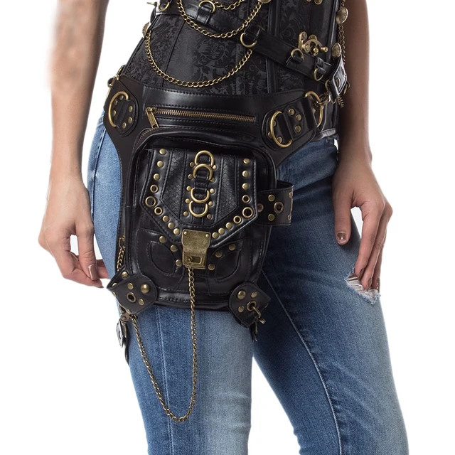 Aliexpress Black Pu Leather Rivet Chain Rock Retro Black Pu Leather Rivet Chain Rock Retro Steampunk Thigh Holster Bag Crossbody Waist Leg Shoulder Bags