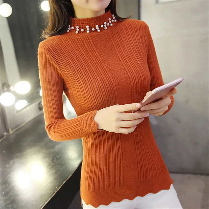 Осенние женские пуловеры с высоким воротом и бусинами, женские тонкие топы, повседневные однотонные вязаные свитера с длинными рукавами, свитер Праймер, рубашка - Цвет: ML8831caramel