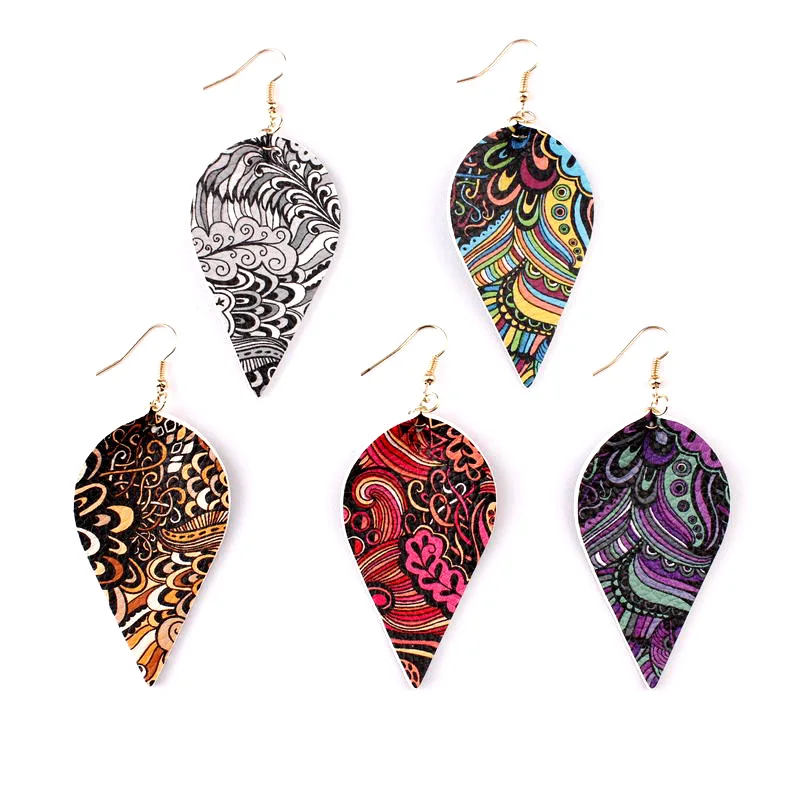 

Boho Style Printed Paisley Pattern Leaf Leather Drop Earrings Prints Floral Flower Leaf Drop Earrings Leather Teardrop Earrings
