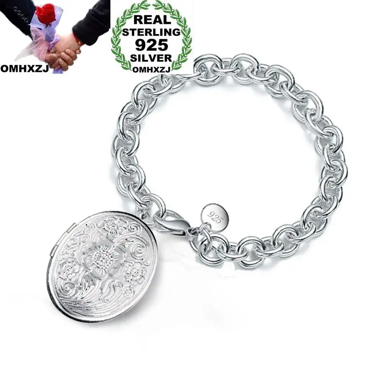 

OMHXZJ Wholesale Personality Fashion Woman Girl Gift Silver Photo Round Box Charm Thick Chain 925 Sterling Silver Bracelet BR69