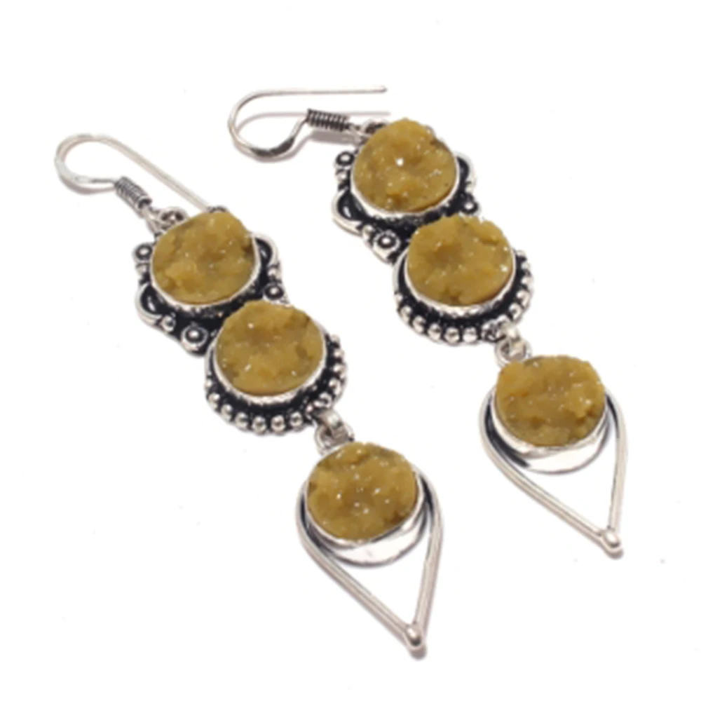 

Yellow Druzy,Silver Overlay on Copper Earrings ,81 mm , E3956