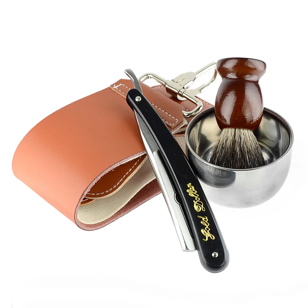 Goede ZY 4 stks set Scheren Scheermes Set Scheermes Voor Man Leather Scherpen Strop Badger Scheerkwast Met Kom Kapper Scheren tool