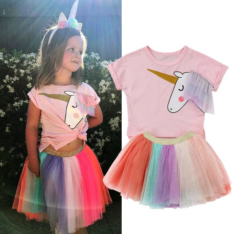 

2-6 Years Boutique Kids Clothing Summer Girls Short-sleeved Unicorn T-shirt + Rainbow Skirt 2pc Sets of Toddler Baby Clothes