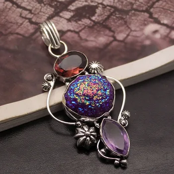 

Hermosa Unique Natural Titanium PurpleAmethyst Charms Pendant Necklace 2 3/4 inch A539