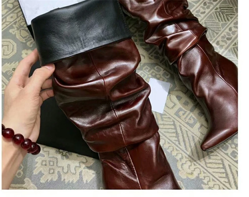 BuonoScarpe Leather Knee High Boots Woman Pointed Toe Strange High Heel Shoes Women Chic Spike Heel Long Pleated Boots New