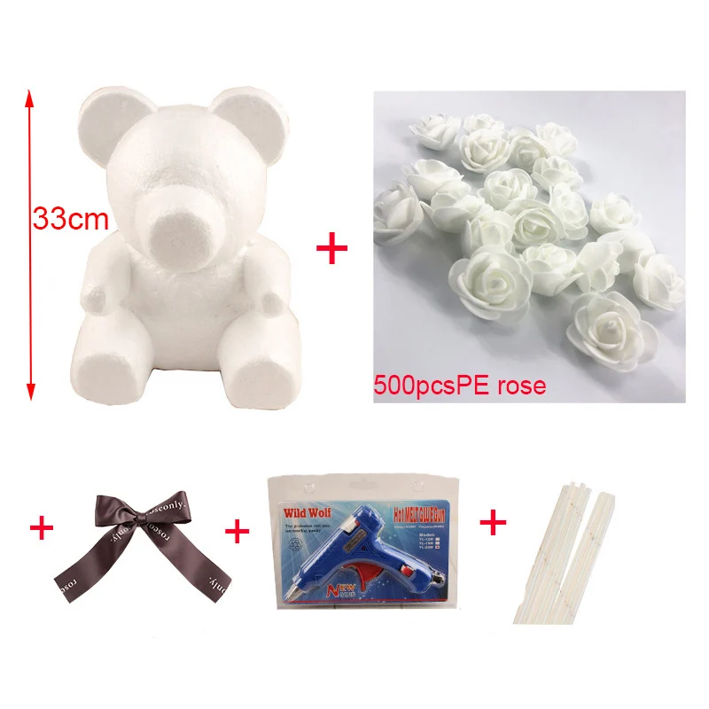 Foam Bear Mold PE Rose Artificial Flower Heads Rose Bear White Mold and Gift Box DIY Rose Bear Accessories Bag - Цвет: white package bag