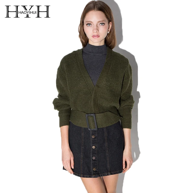 $US $15.88  HYH HAOYIHUI 2018 Fashion Knitted Sweater Women Solid Army Green Loose Casual Belt Cardigans V-Neck