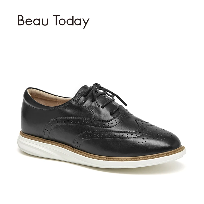 

BeauToday Women Oxfords Calfskin Genuine Leather Brogue Style Round Toe Lace-Up Lady Flat Shoes Handmade 21332