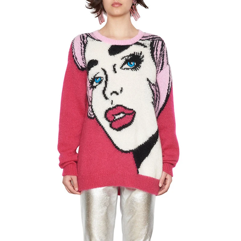 

2019 Spring Oversized Sweaters Fashion Hit Color Abstract Beauty Avatar Pattern Jacquard Loose Long Sweaters New Women Pullovers