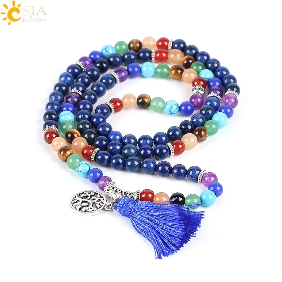 CSJA 7 Chakra Multilayer Charms Bracelets Jewelry Lapis Lazuli 108 Mala Prayer Beads Reiki Healing Yoga Meditation Power 2 114