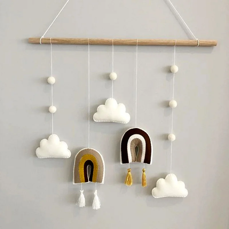 

Nordic Style Cute Felt Clouds Shape Wall Hanging Ornament Wooden Stick Tassel Pendant Kids Room Decoration Photography Props