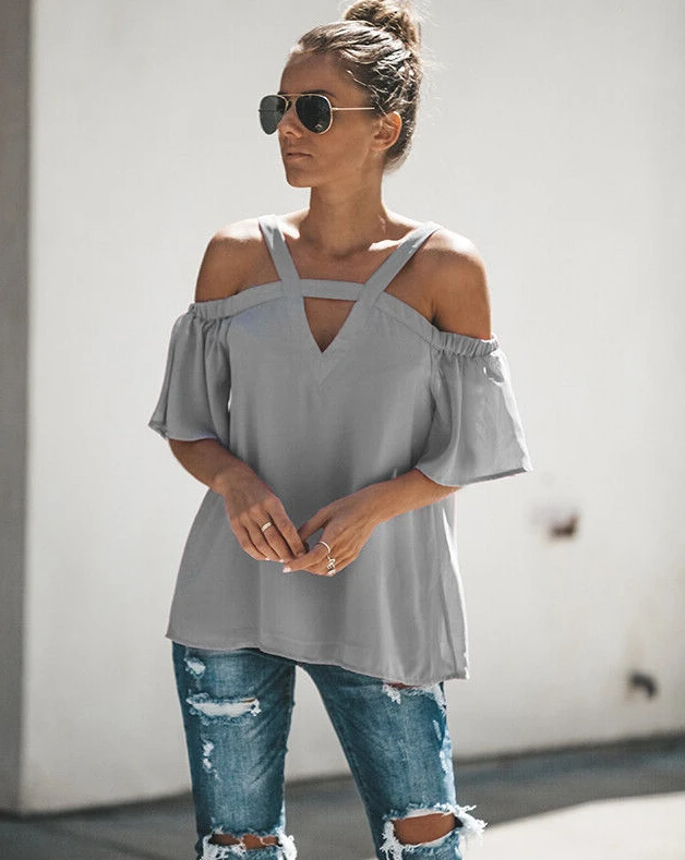 

New Fashion Women's Cold Shoulder Short Sleeve Shirt Pullover Spaghetti Strap Tops Blouse Shirt Casual Clothes Outfits