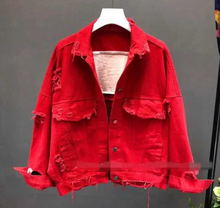 Осеннее красное джинсовое пальто с блестками женская модная свободная короткая куртка с отверстиями женское студенческое черное джинсовое пальто
