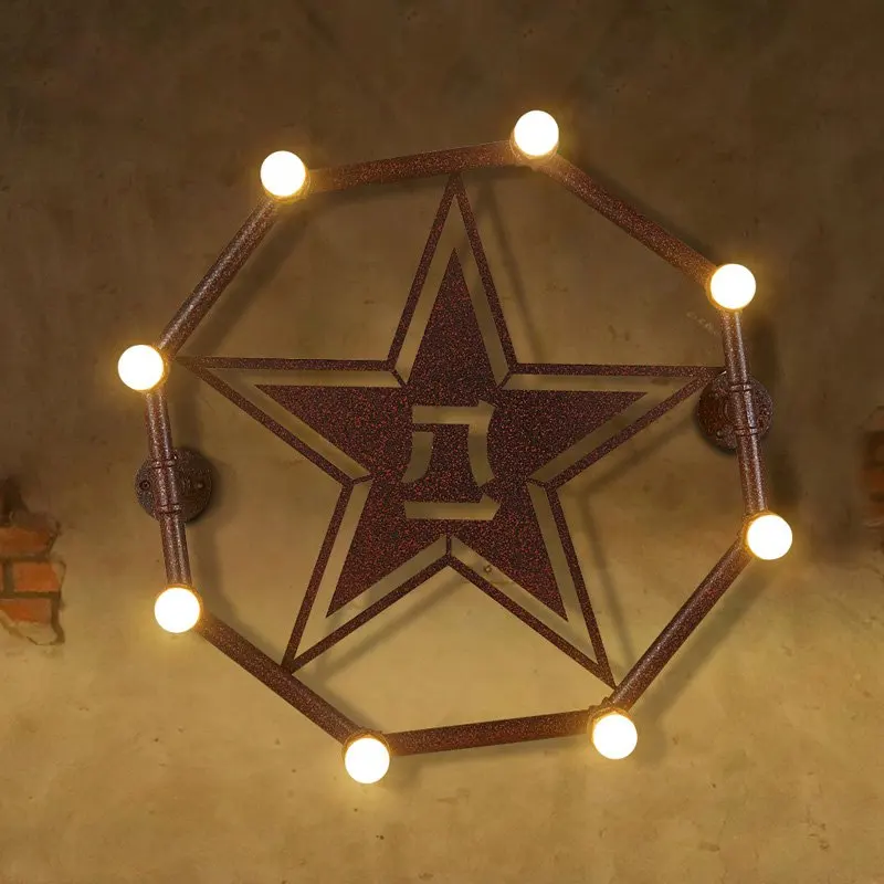 

Octangle Metal Tube 3D Star Bar Counter Wall Light Rust Metal Pentacle American Country Rustic Balcony Industrial Wall Lamp