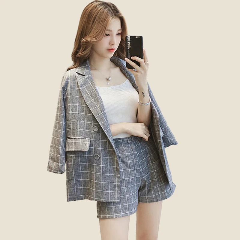 

2019 Streetwear Summer 2 piece set women Plaid Blazers+Shorts Jackets+Shorts Pants Suit 2 piece outfits for women tracksuits