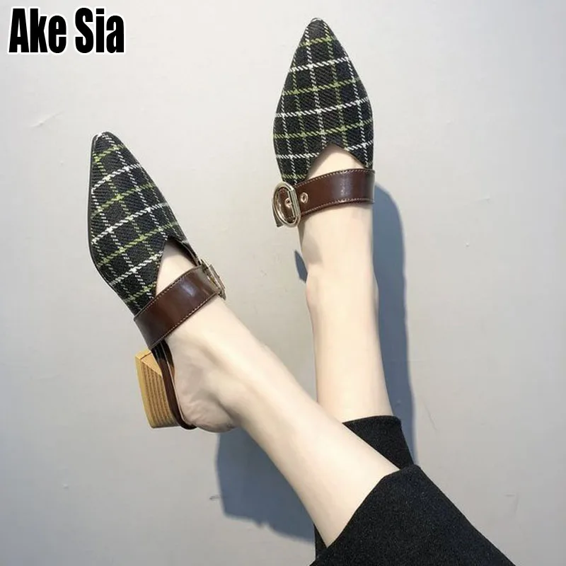 

Ake Sia Fashion Casual Women's Lady Med Chunky Heel Pointed Toe Buckle Strap Footwear Pumps Mules Slides Loafers Lazy Shoes A077