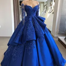 Королевское синее винтажное бальное платье Бальные платья с открытыми плечами, с длинными рукавами, с бусинами, с блестками, Vestidos De 15 Anos, милое