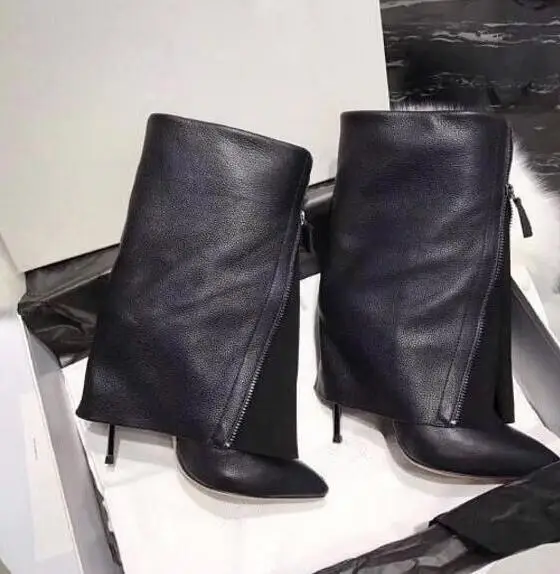 

2018 New Suede Leather Patchwork Women Flodover Mid-Calf Boots Sexy Pointy Toe Ladies Blade Heel Boots Zipper Knight Boots